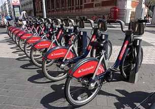 A photo of Santander bicycles docked in London