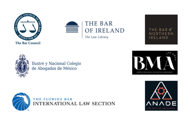 A series of logos: The Bar Council, Bar of Ireland, Bar of Northern Ireland, Florida Bar Association, the BMA, ANADE. INCAM, Faculty of Advocates